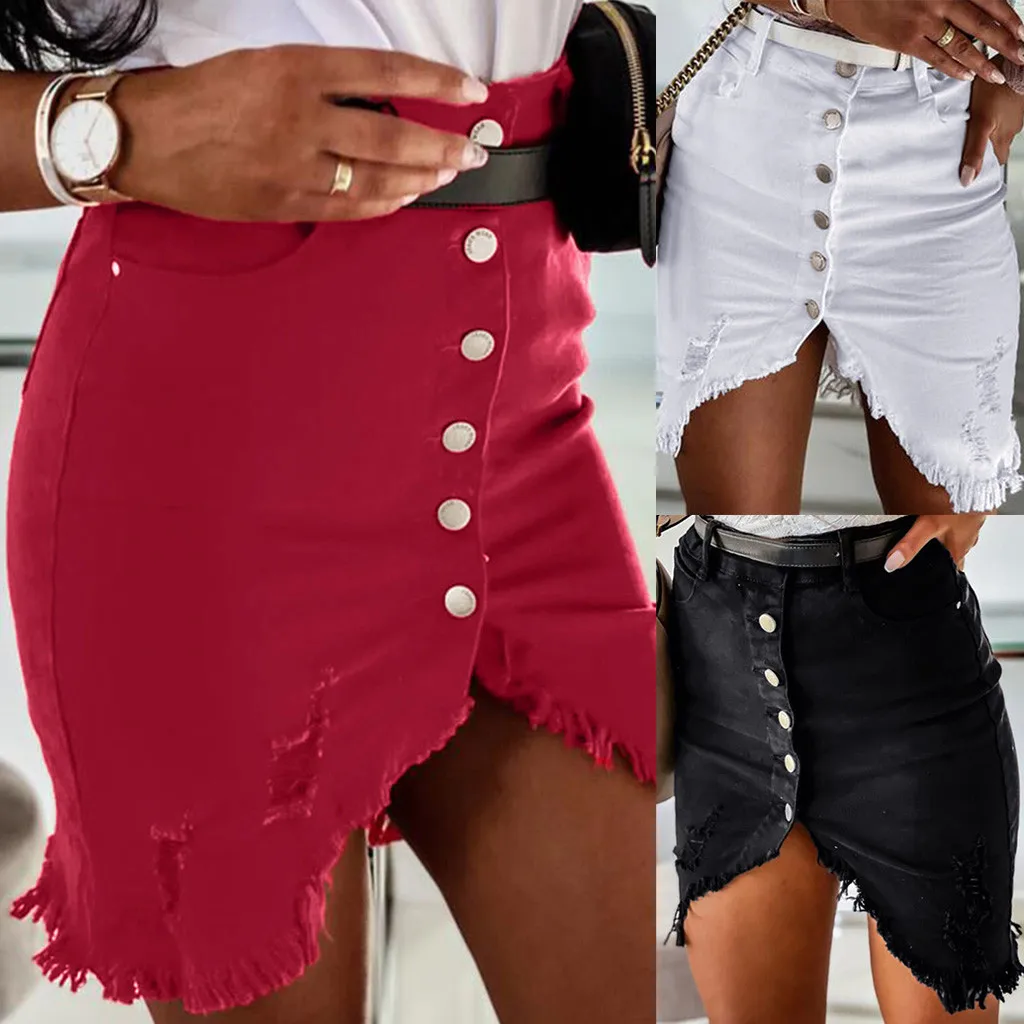 Fashion Women's Solid Colors Denim Skirt Summer Ladies High Waist Button Design Split Front Open Party Asymmetr Mini Skirts#g3 | Женская