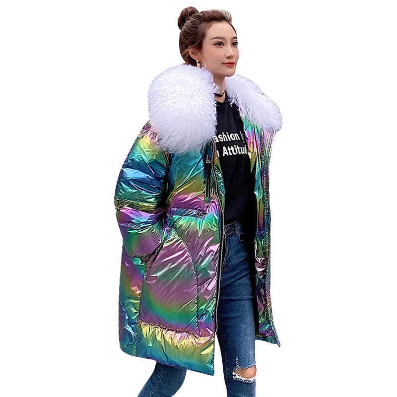 Women Real Fur Collar Fashion Long White Duck Down Jacket Female Slim Zipper Coat Windproof  Waterproof Big Size