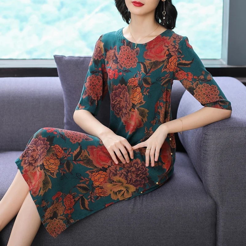 2020 Silk Women's Summer Midi Floral Dress Casual Vintage Ladies Dresses Party Elegant Vestidos De Verano 1404 | Женская одежда