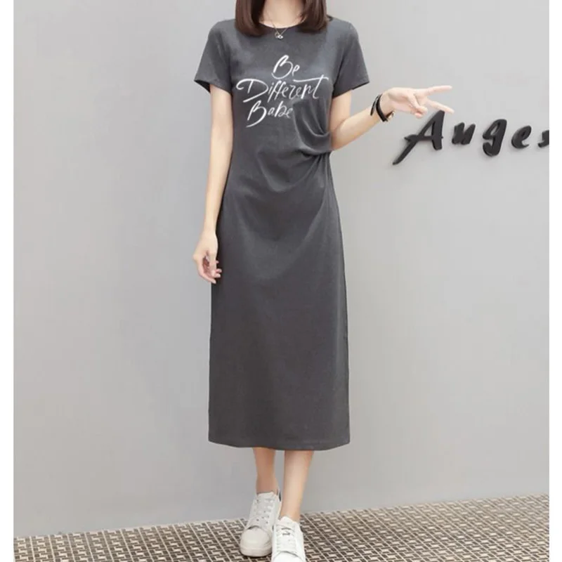 

Cotton T-Shirt Skirt Women'S Summer Loose Large Size Split Ends All-Match Mid-Length Over-The-Knee Dress
