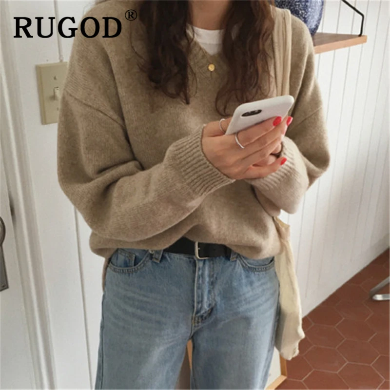Женский Теплый вязаный свитер RUGOD однотонный винтажный пуловер оверсайз с