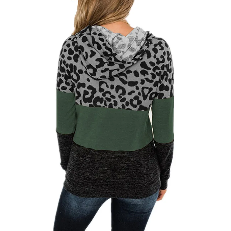 

New Hooded Tie Tops Leopard Print Sweatshirt Long Sleeve Women Patchwork Hoodies Casual Autumn Winter Clothing Ropa Para Dama