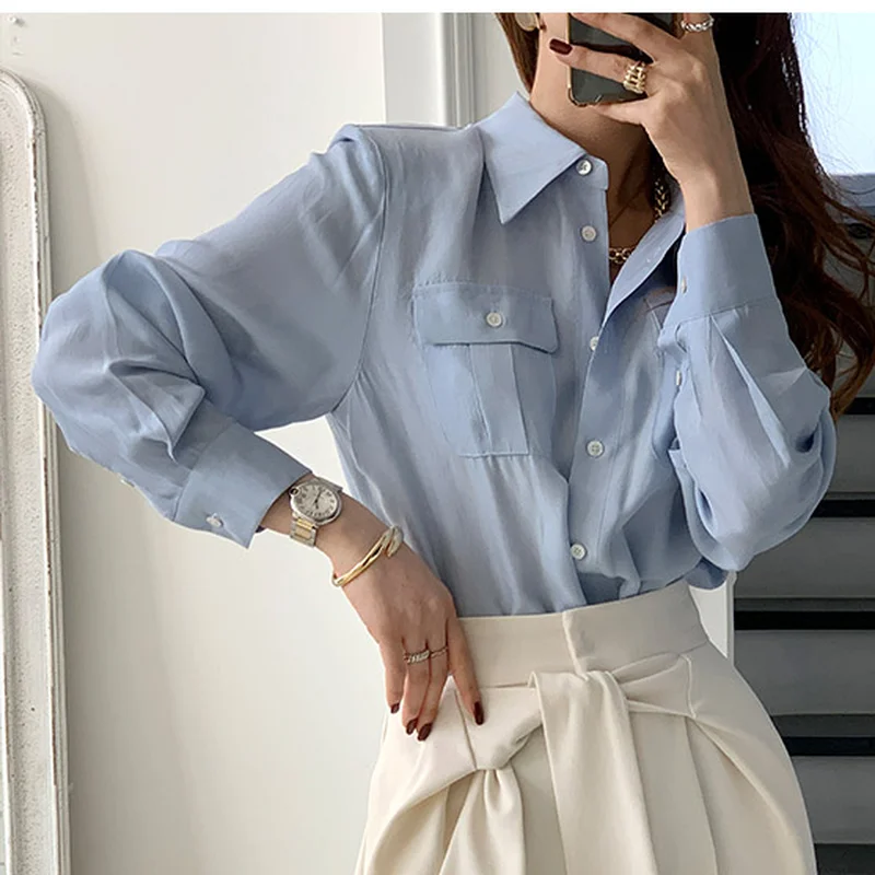 

Turn Down Collar Long Sleeve Single Breast Blouse Women Pocket Design Solid Blusas Spring 2021 New Shirt Feminino
