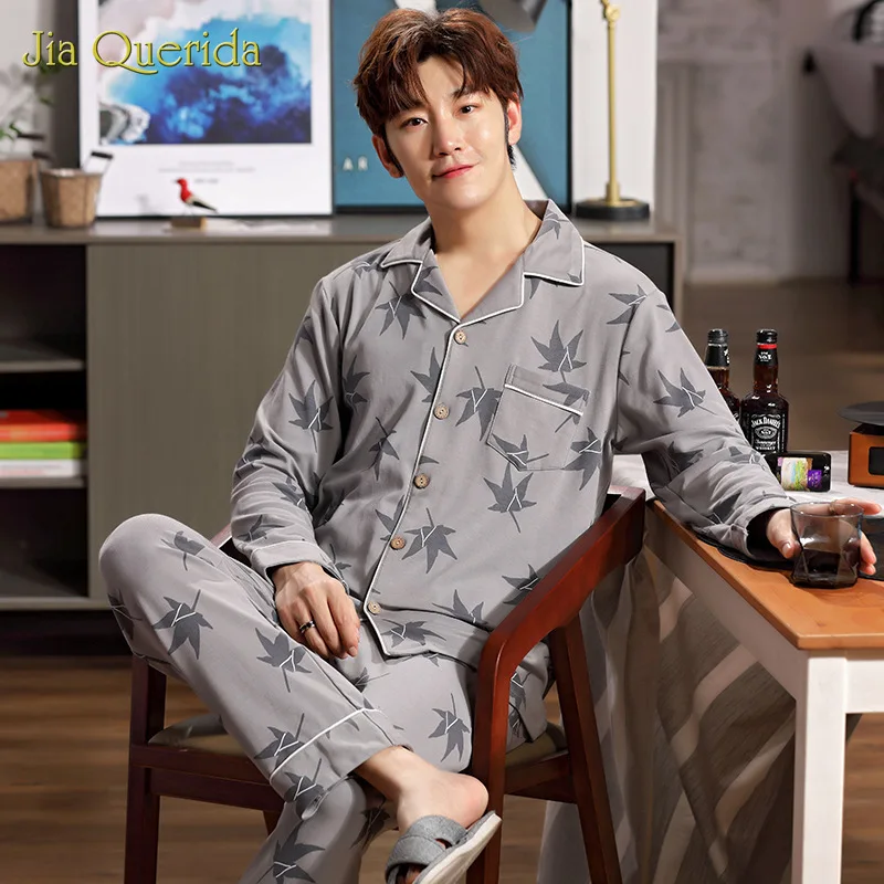 Модные пижамы для мужчин осенне зимний Кардиган из чистого хлопка домашний