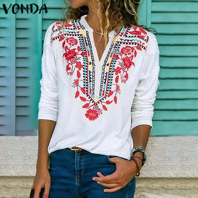 Женская блузка с длинным рукавом VONDA винтажная свободная туника v-образным