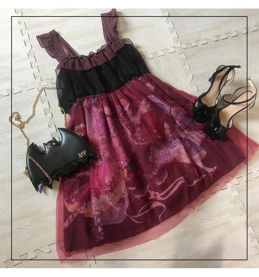 

Summer chiffon lace suspender strap dress bowknot high waist lovely victorian dress kawaii girl gothic lolita cos loli cosplay