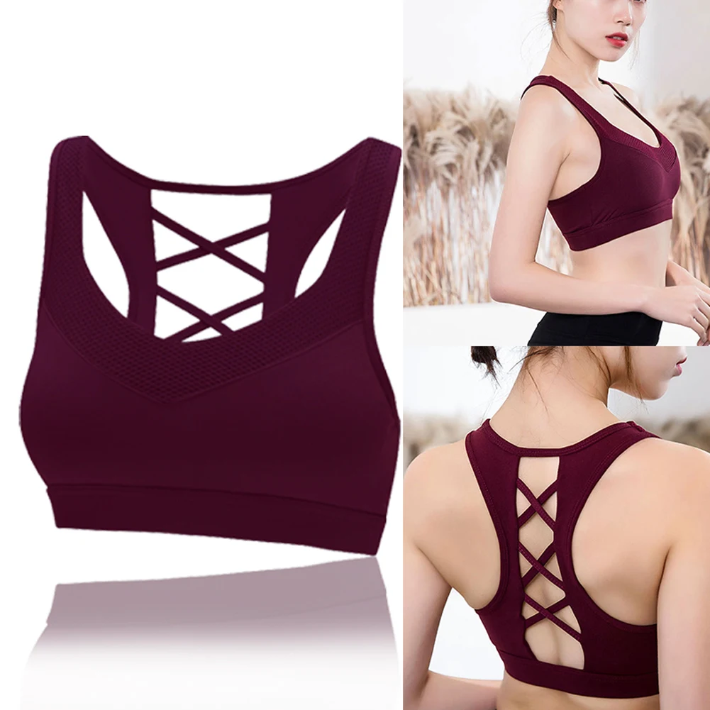 

Soft Shock Absorption Solid Padded Yoga Vest Breathable Gather High Elasticity Women Sports Bra Workout Mesh Belt Cross Back