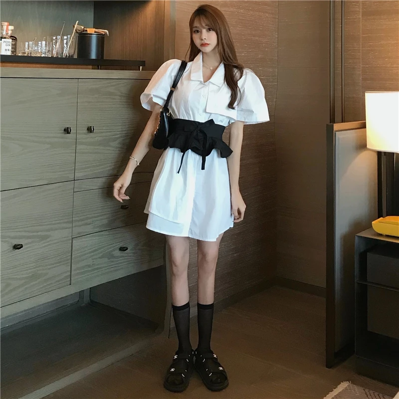 

Lrregular Design Sense Summer Single Breasted Turn-Down Collar Solid Color Shirt Dress + Shawl Can Tie Waist Lace Accessories