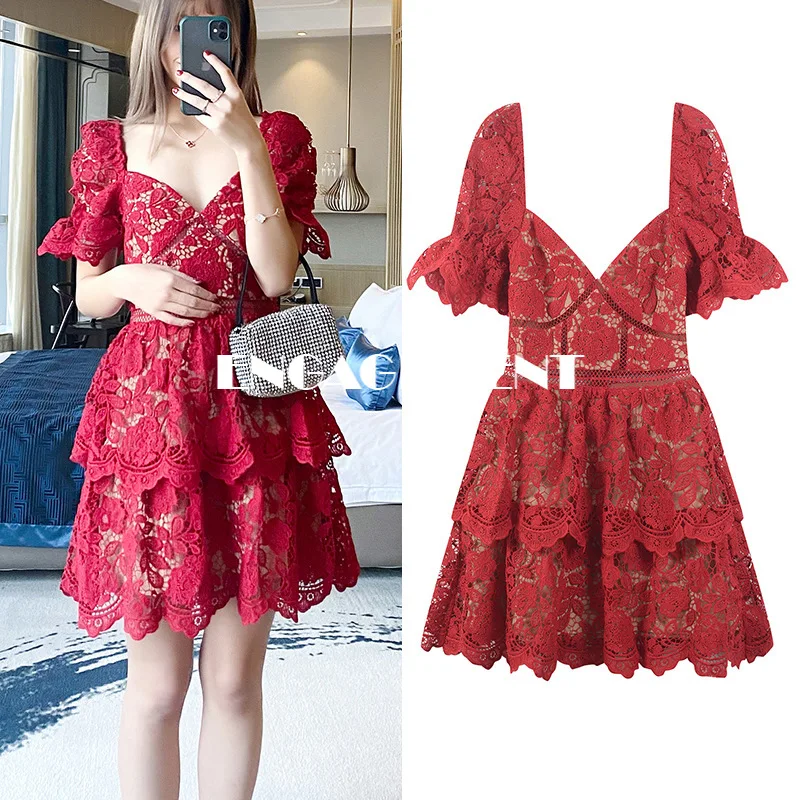 

ENGAGEMENT 2021 Spring/summer Lace Short Sleeve High Waist Sexy Tube Top Dress Women's Red Elegant Skirt