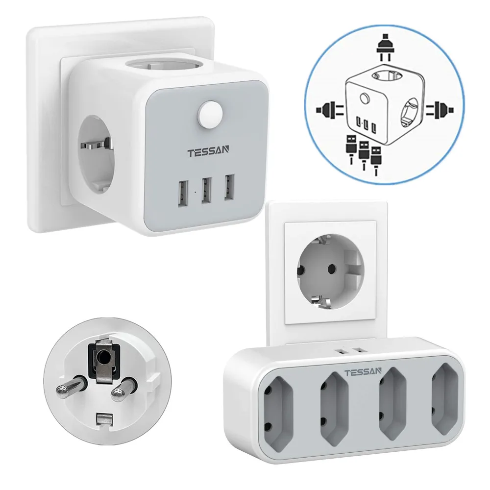 

TESSAN EU Multiple European Plug Power Strip with 3 USB Ports 3 AC Outlets Wall Socket Charger Adapter With Overload Protection