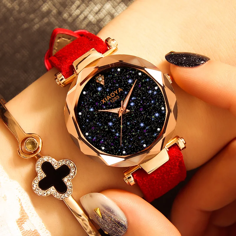

Часы наручные женские кварцевые со звёздным небом, модные повседневные Простые Дизайнерские, разные цвета, с кожаным ремешком, 2019