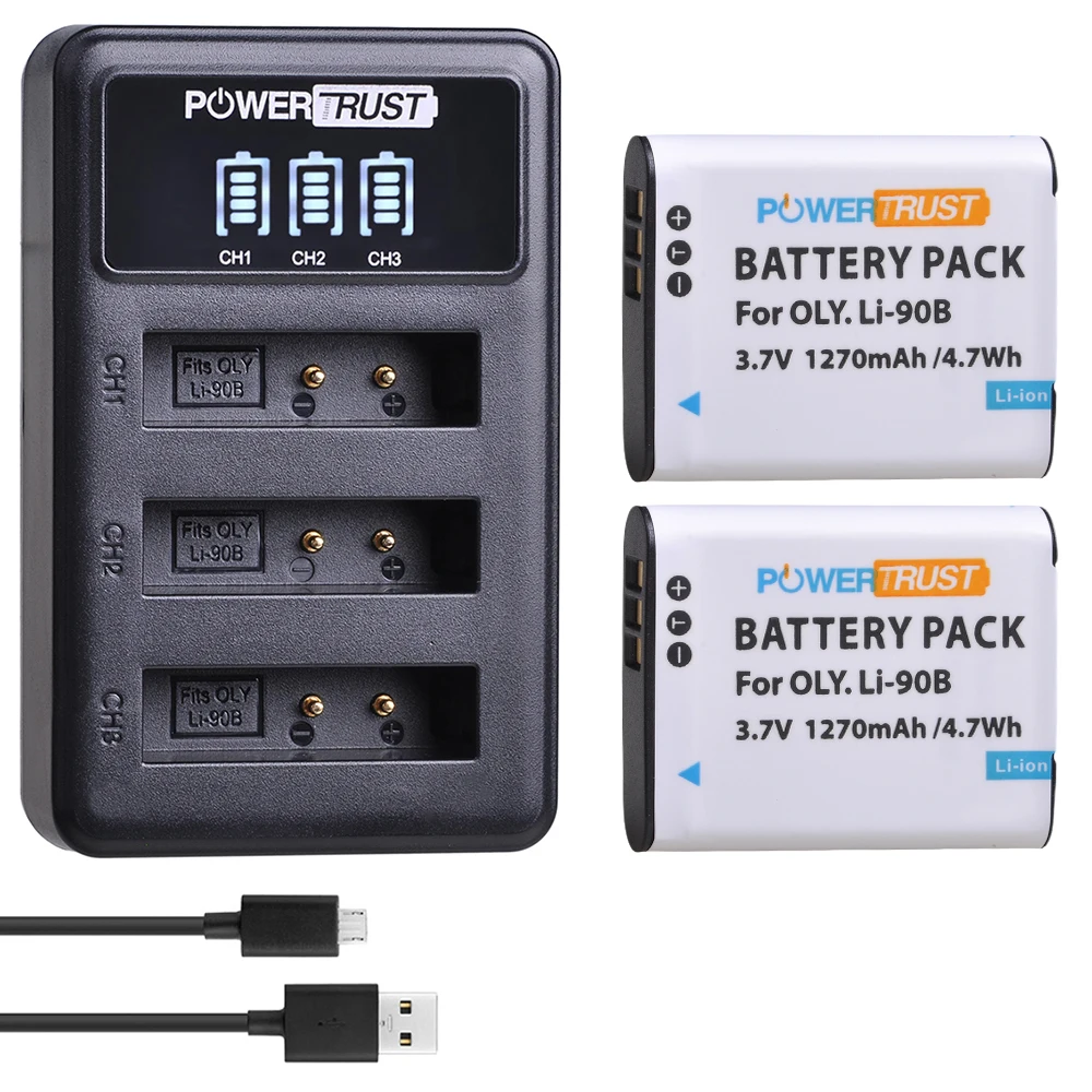 PowerTrust 2Pc Li-90B LI90B LI-92B Battery + светодиодный 3 слота USB Charger для Olympus XZ-2 SH-50 SH-1 |
