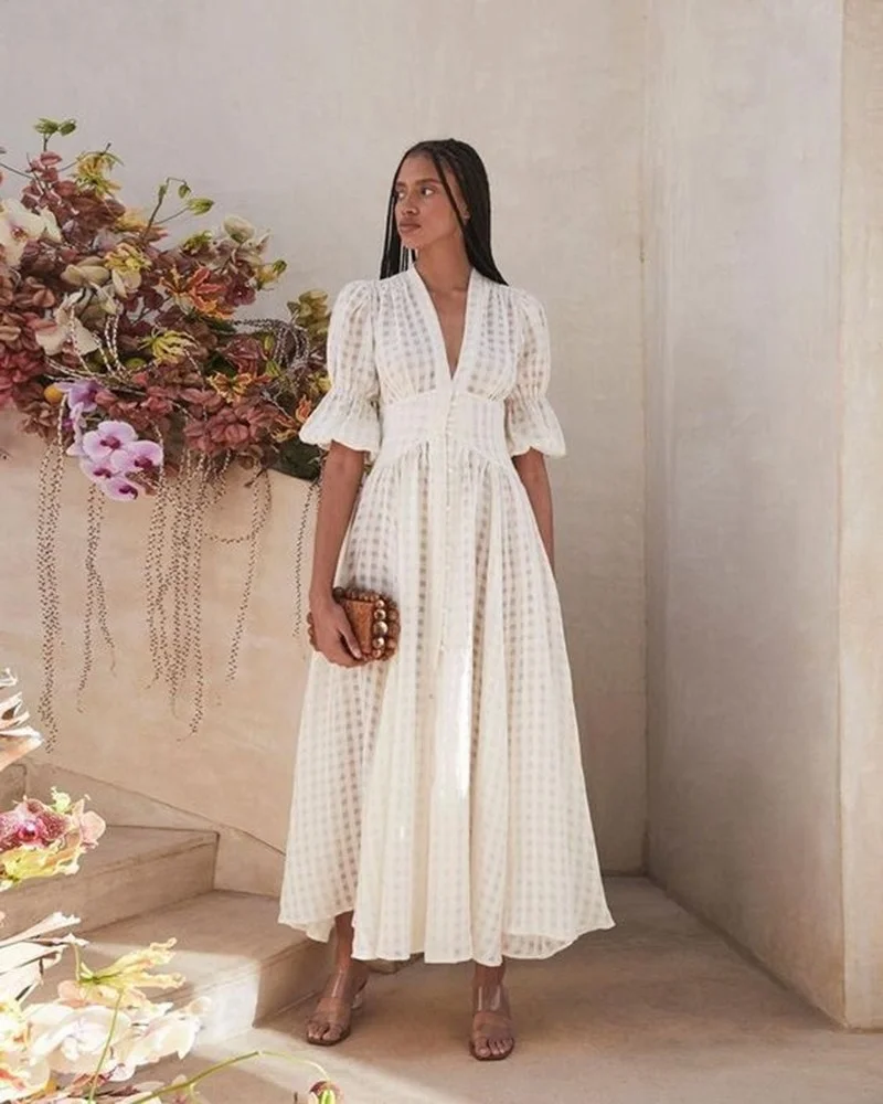 

Fashion Elegant Translucent Dress Urban Women Pure White Deep V-Neck Pullover Ankle-Length Long Dresses Party Banquet Clothing