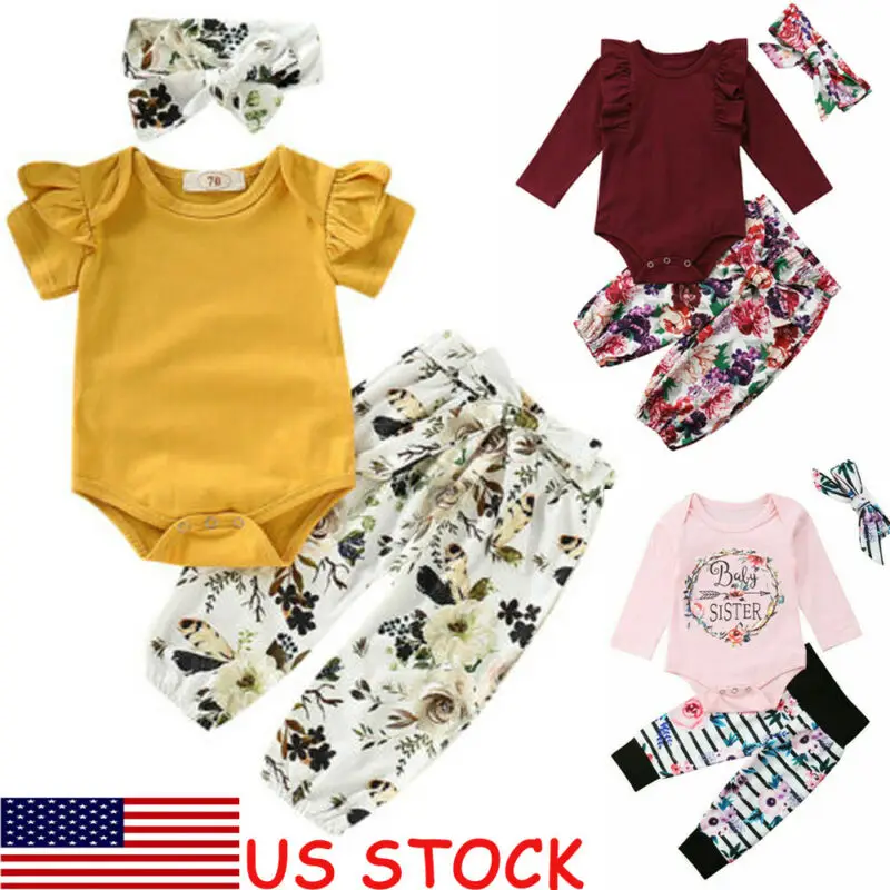 Pudcoco Baby Girls Clothes Sets Long Sleeve Bodysuit Tops Floral Pants Headband 3Pcs Flowers Cotton Summer Infant Outfits 0-2Y | Детская