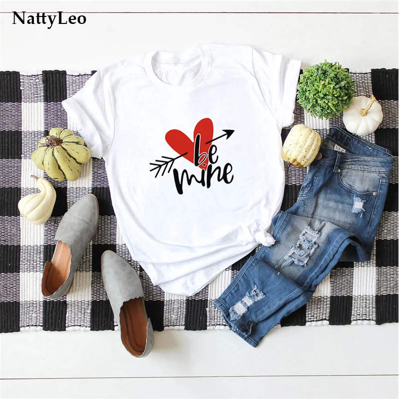 

Summer S-5XL T Shirt Be Mine Heart Print Tshirt Plus Size Shirts for Women 100%Cotton Women T-shirt O-Neck Short Sleeve Tee Tops