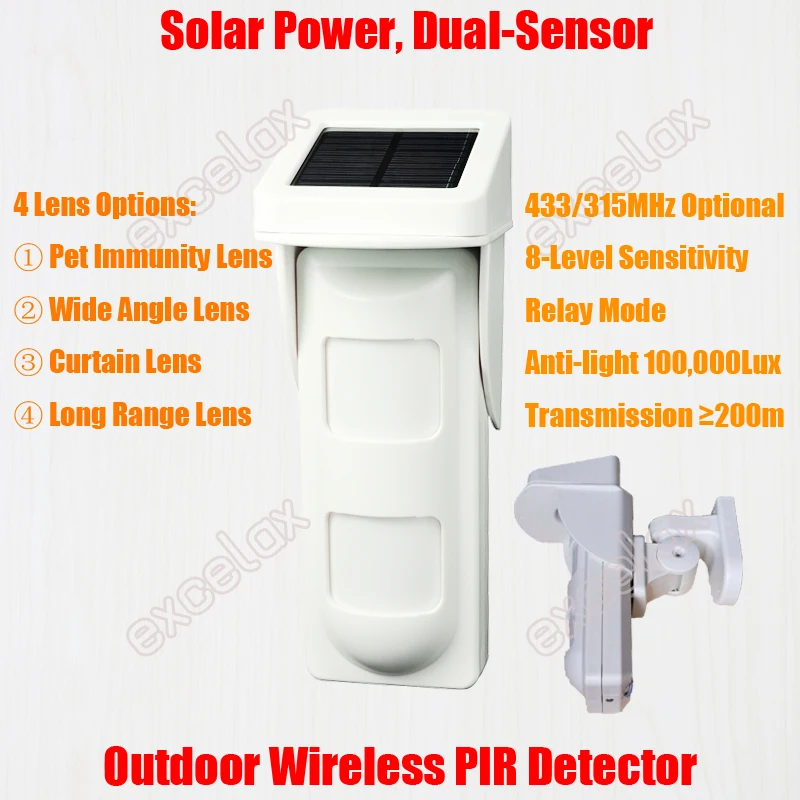 Солнечная энергия Двойной сенсор открытый беспроводной детектор движения PIR Pet