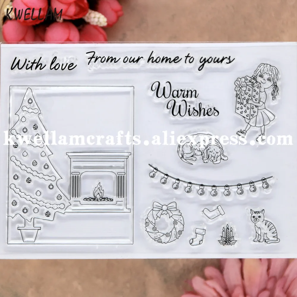 Рождественские теплые пожелания камин дерево венок собака скрапбукинг