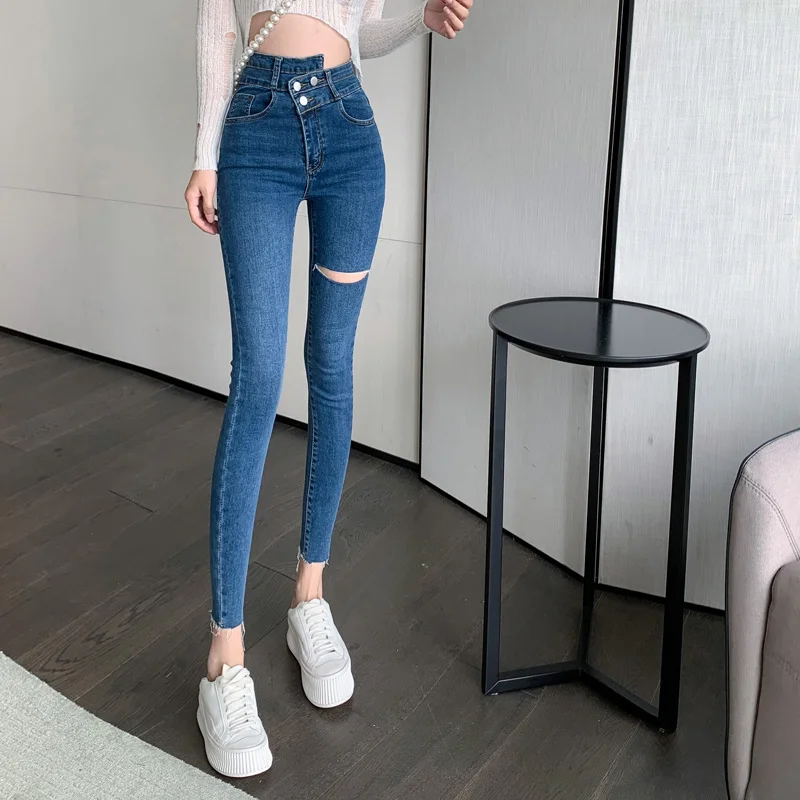 

Женские рваные джинсы с высокой талией, эластичные облегающие укороченные брюки-карандаш с пряжкой для ранней осени