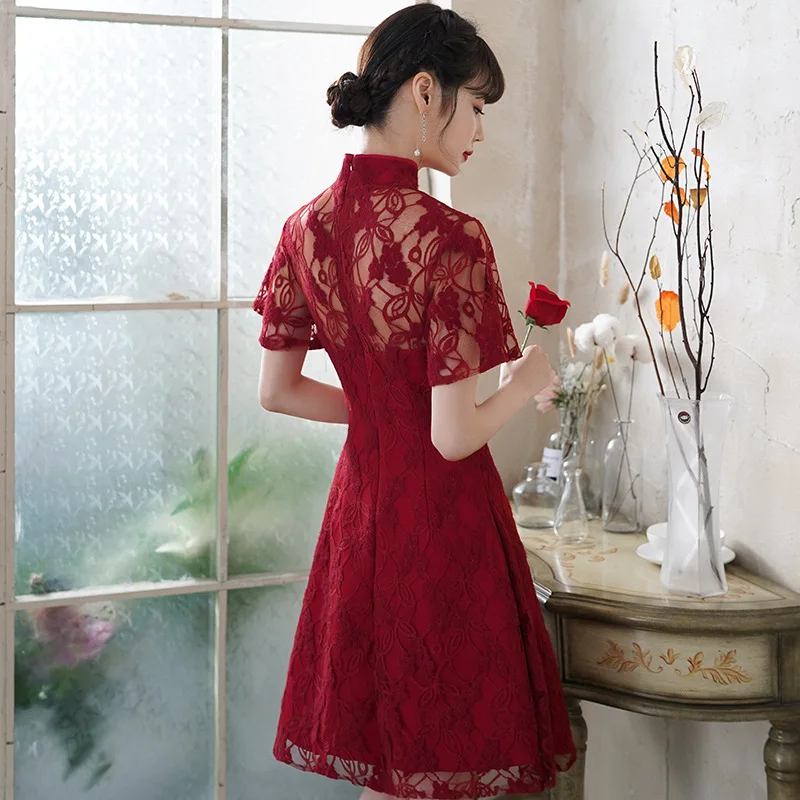 

Beige Sweet Flower Lace Evening Party Gown Women Elegant Exquisite Vintage Button Banquet Dress Temperament Novelty Qipao XS-3XL