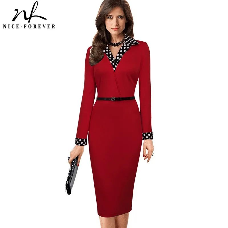 Женское винтажное Деловое платье Nice forever зимнее облегающее и футляр в горошек