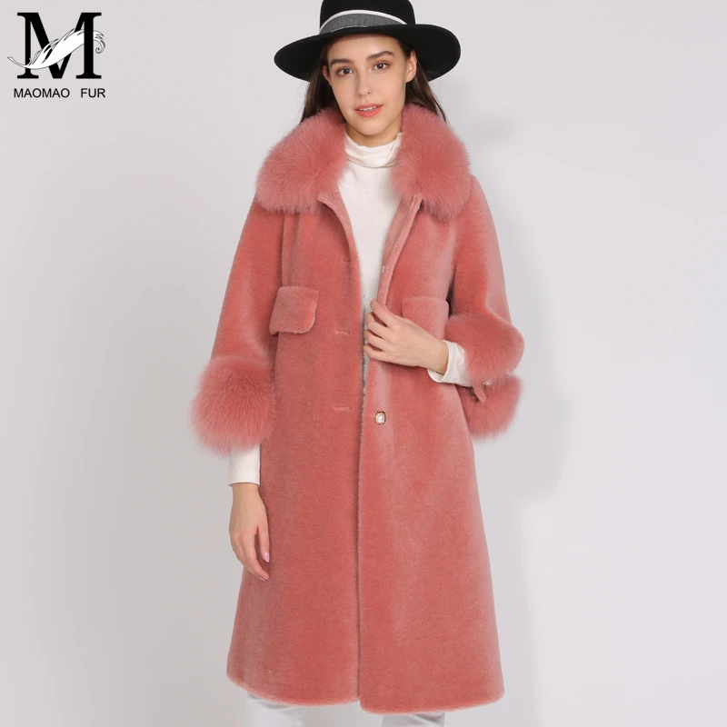MAOMAOFUR/шерстяное пальто для женщин с натуральным лисьим меховым воротником и манжетами; теплая верхняя одежда для женщин; Новая модная длинная стильная куртка из натурального овечьего меха