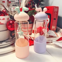 350ml rabbit girl glass lovely rabbit ear water bottle with cap and lifting rope portable trendy little fresh student drink cup