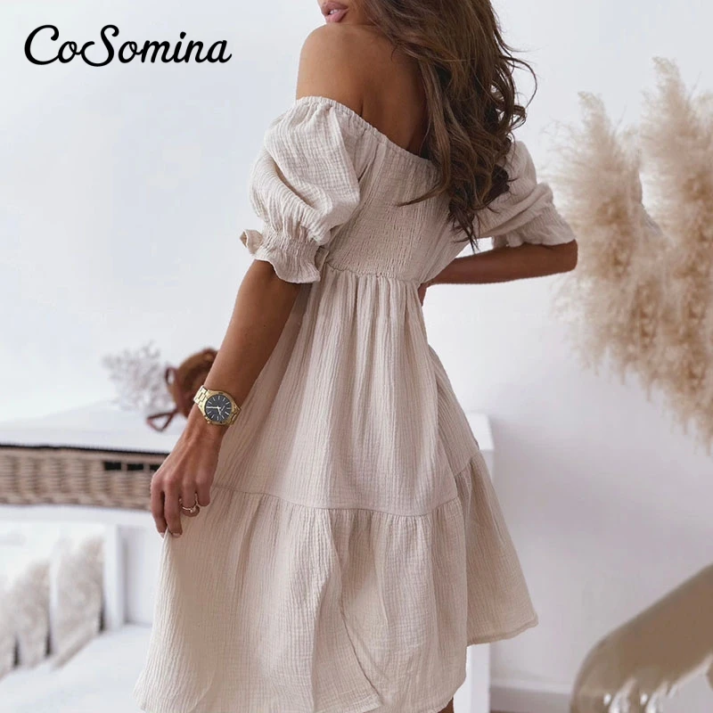 

CoSomina Elegent Slash Nneck Women Summer Dress A-line Elastic Bust High Waist Female Beach Dress Solid Ruffled Short Dress 2021