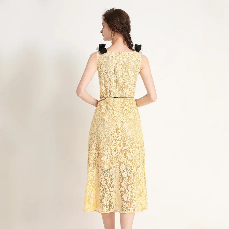 

2020 Summer Spring Yellow Lace Dress Fashion Design Ladies Flowers Bow Sleeveless Elegant Pearl Belt Women Elegant Dresses