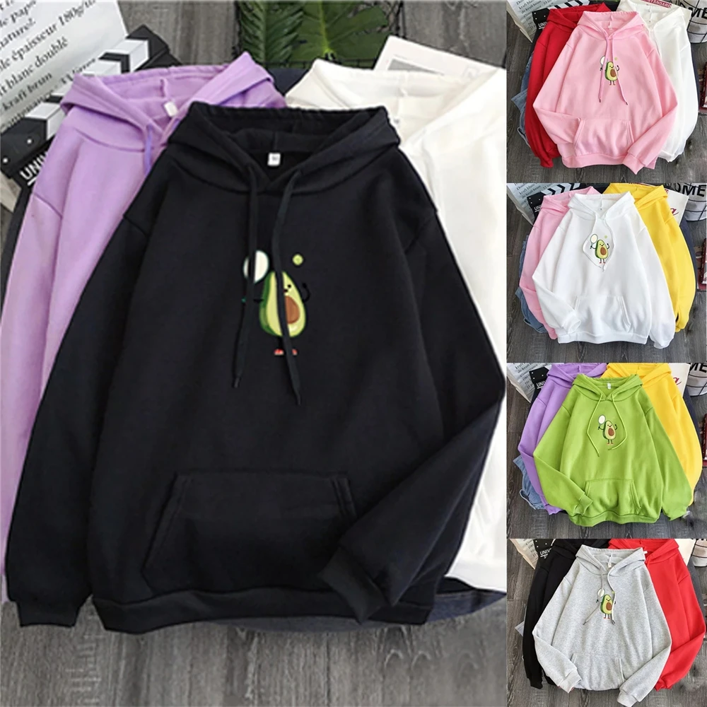 Avocado Hoodies Oversized Cartoon Print Pocket Sweatshirts Hooded Harajuku Vintage Korean Pullovers Women Sweet Girl Sweetshirts