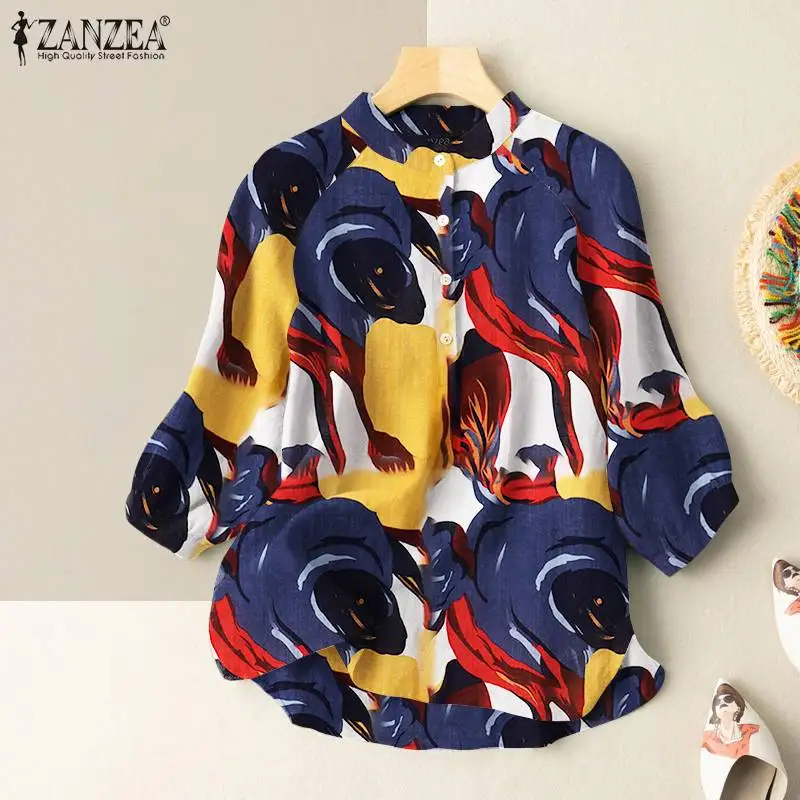 

Women Half Sleeve Blouse ZANZEA Fashion O Neck Blusas Female Casual OL Chemise Oversized Baggy Shirt Summer Vintage Printed Tops
