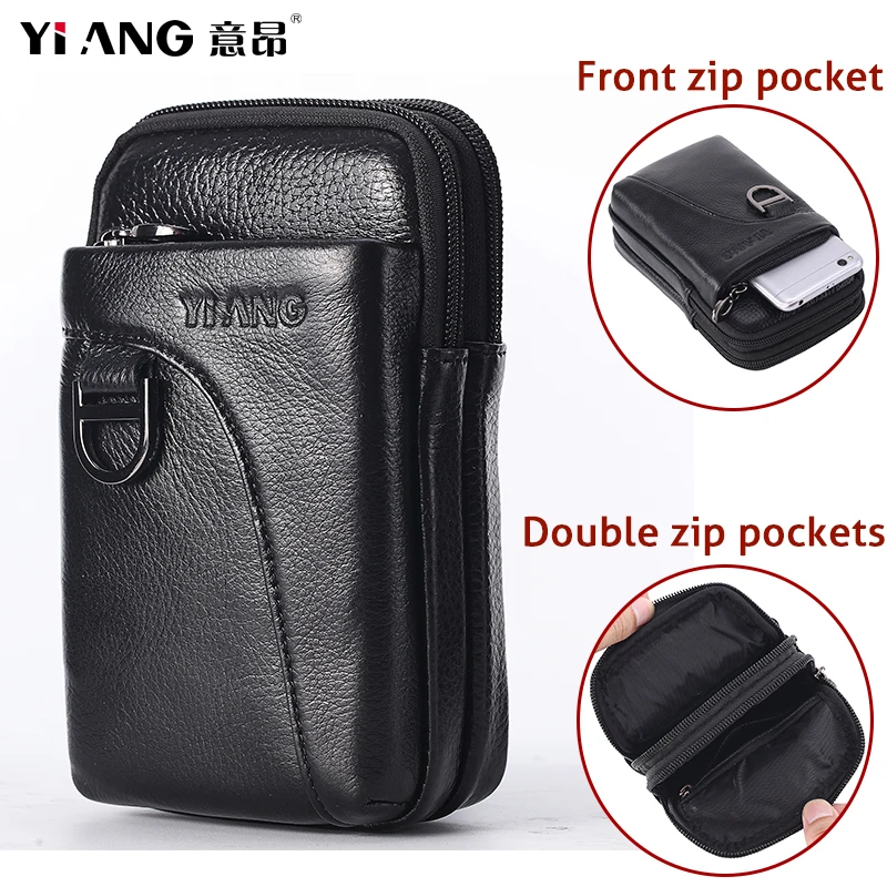 Мужская поясная сумка из натуральной кожи с двойной молнией и крючком |