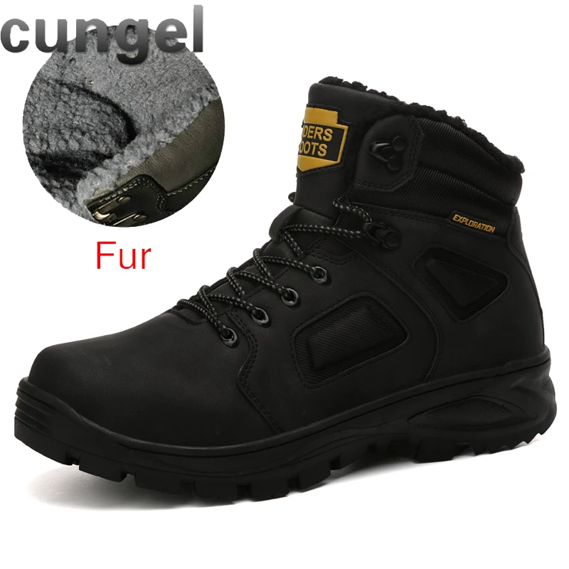 A9703-black CUNGEL/зимние теплые мужские ботинки; мужские зимние ботинки из натуральной кожи с мехом; водонепроницаемые рабочие ботильоны ручной работы; мужская обувь с высоким берцем - Цвет: A9703-black