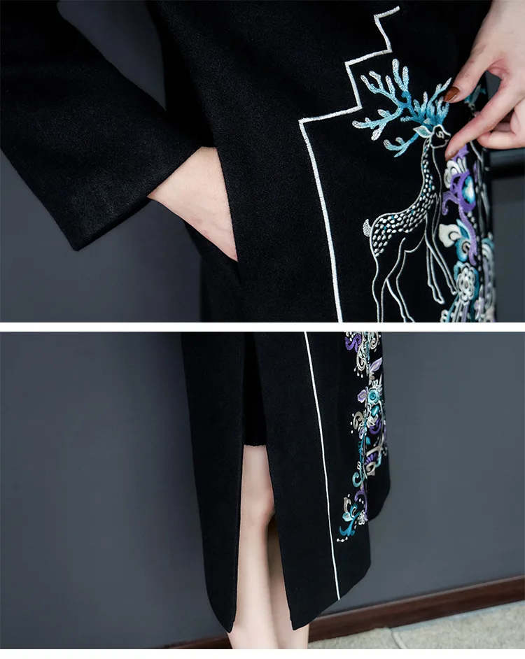 chinese style Retro wool embroidered coat women's slim long Windbreaker autumn and winter Embroidery overcoat