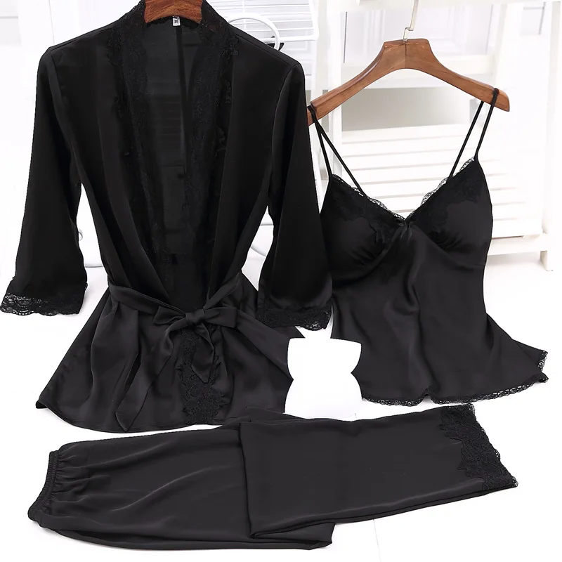 Розовая Женская домашняя одежда пижамы 3 шт. ремень топ брюки костюм наборы