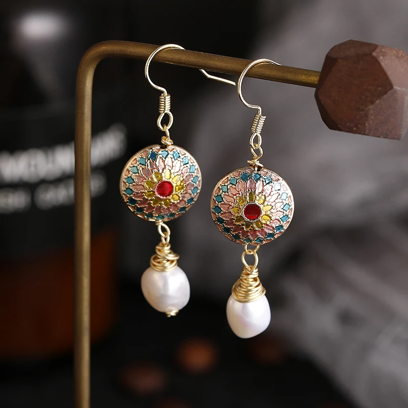 

Original Handmade 14K Gold Filled Baroque Natural Freshwater Pearl & Cloisonne Ladies Tassel Drop Earrings Jewelry For Women