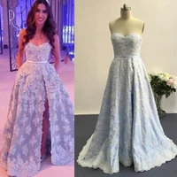 vintage light blue prom dresses 2020 with side slit a line beaded lace appliqued sweep train evening gowns robe de soriee