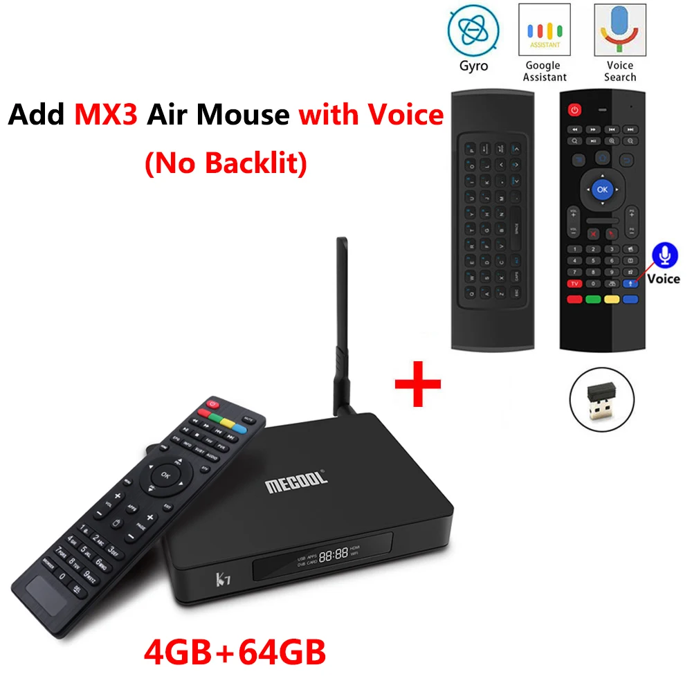 MECOOL K7 Smart Android 9,0 tv Box Amlogic S905X2 DVB-T2 DVB-S2 ТВ приемник 4 Гб DDR4 64 Гб rom 4K телеприставка DVB-C медиаплеер - Цвет: K7 add MX3 mic