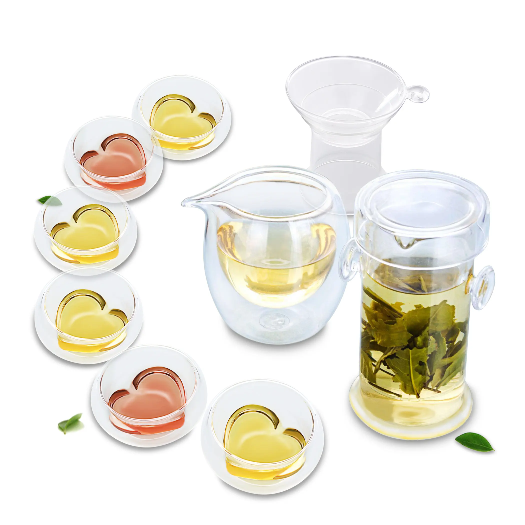 

1x Kung fu Coffee Tea Set - Glass Double Ear Handles Tea Pot + Strainer + Tea Pitcher / Chahai +6 Heart Double Wall Mug Cups