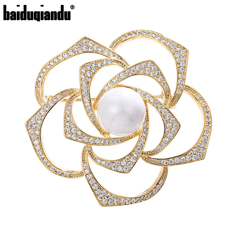 

Baiduqiandu CZ Cubic Zircon Rose Flower Brooches Pins For Women Gilrs Gold/White 2-color Plant Luxury Brooches Clothes Accessory