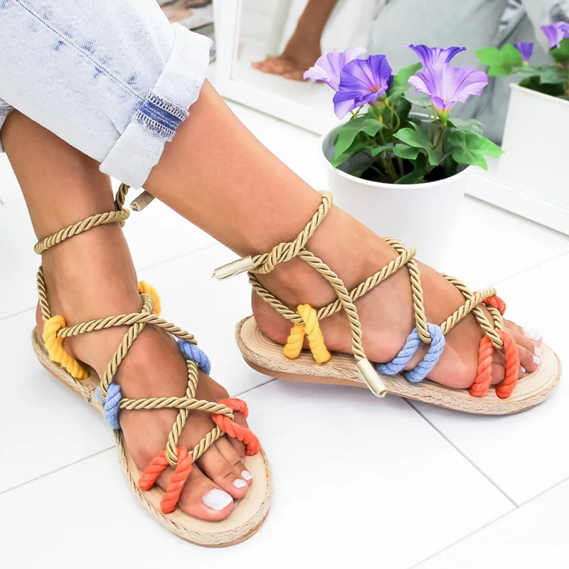 

Women Sandals 2021 Fashion Summer Shoes Woman Flat Sandals Hemp Rope Lace Up Gladiator Sandals Non-slip Beach Chaussures Femme