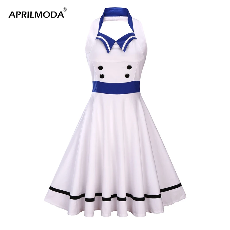 Женское платье в стиле Хепберн белое или зеленое с матросским воротником лямкой