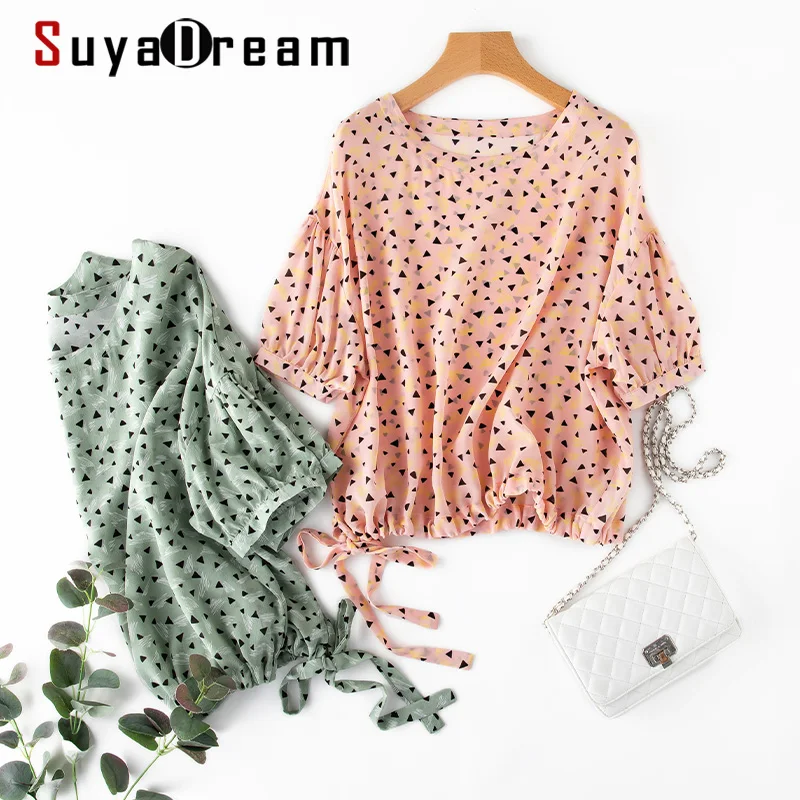 

SuyaDream Korean Stye Blouse Women 100% Real Silk Lantern Sleeves Print Blouse Shirt 2020 Summer Silk Top