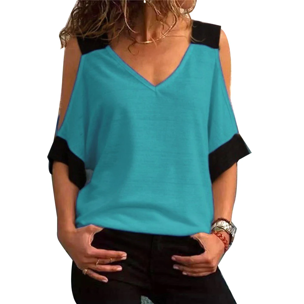 Женская модная футболка контрастных цветов с открытыми плечами и v образным