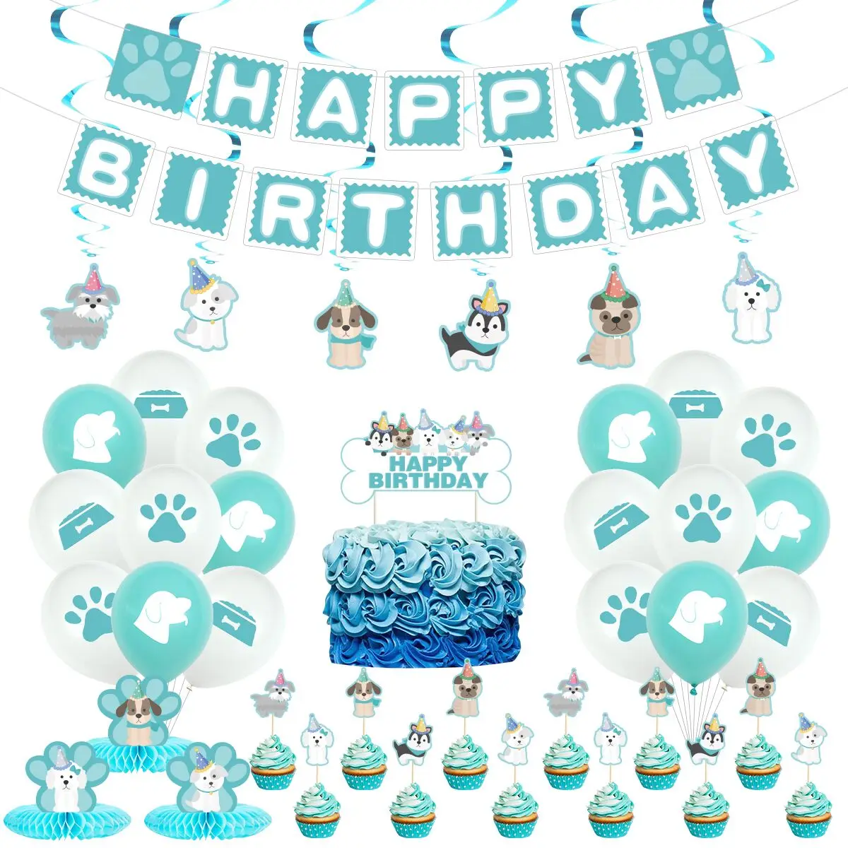 

Children's Birthday Dog Theme Party Decoration Set Latex Balloon Banner Swirl Cake Topper Pink And Blue For Baby Show