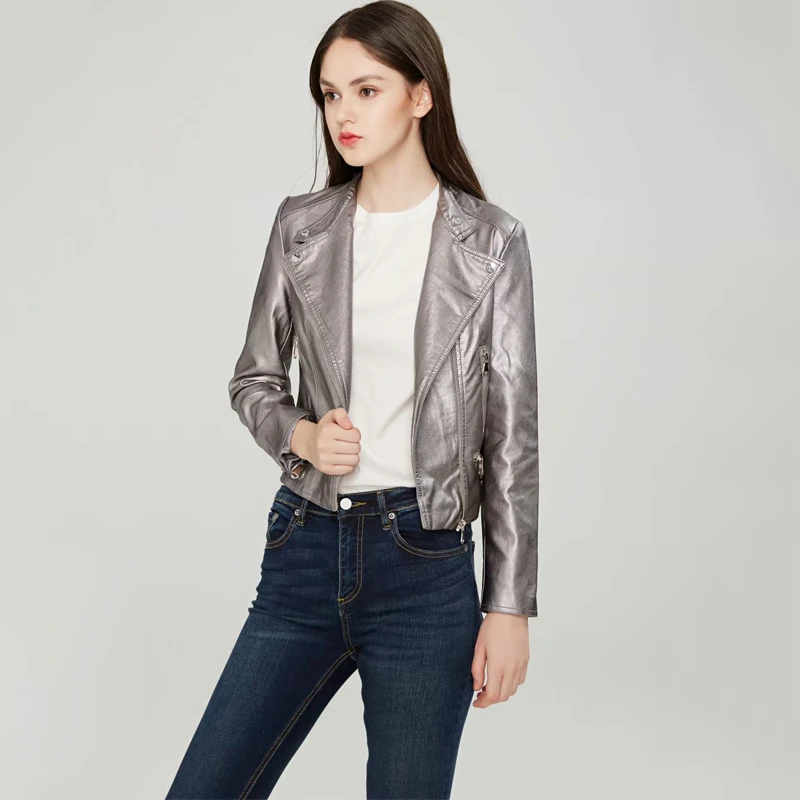 Куртка TMODA254 женская из искусственной кожи верхняя одежда на молнии блестящее