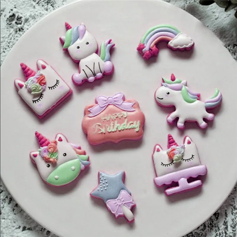 8Pcs/set DIY Cute Cartoon Unicorn Horse Shape Fondant Cake Cookie Cutter Mold Biscuit Decorating Moulds Kitchen Baking Tools - купить по