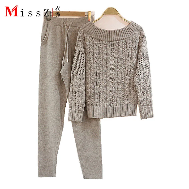 

2020 Drawstring Wool And American High-end Women Suit New 2 Pieces Of Suits A Neck Knit Sweater Trousers Fashion Two Of Mink