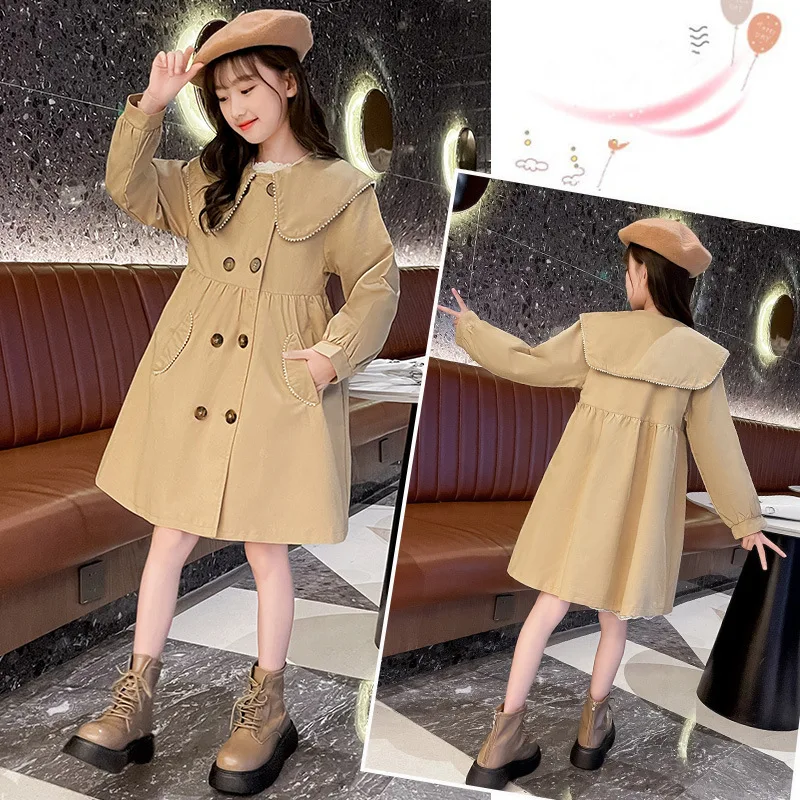 

Pearls Lapel Teen Girls Windbreaker Spring Autumn Double-Breasted Children Jacket Fashion Kids Trench Coat for Girls Outerwear