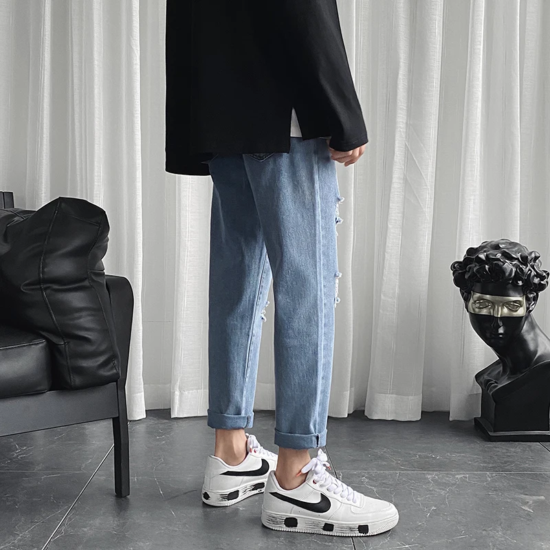 Ripped Jeans Men's Fashion Washed Retro Casual Loose Straight Hole Jean Pants Men Streetwear Hip Hop Denim Trousers Mens