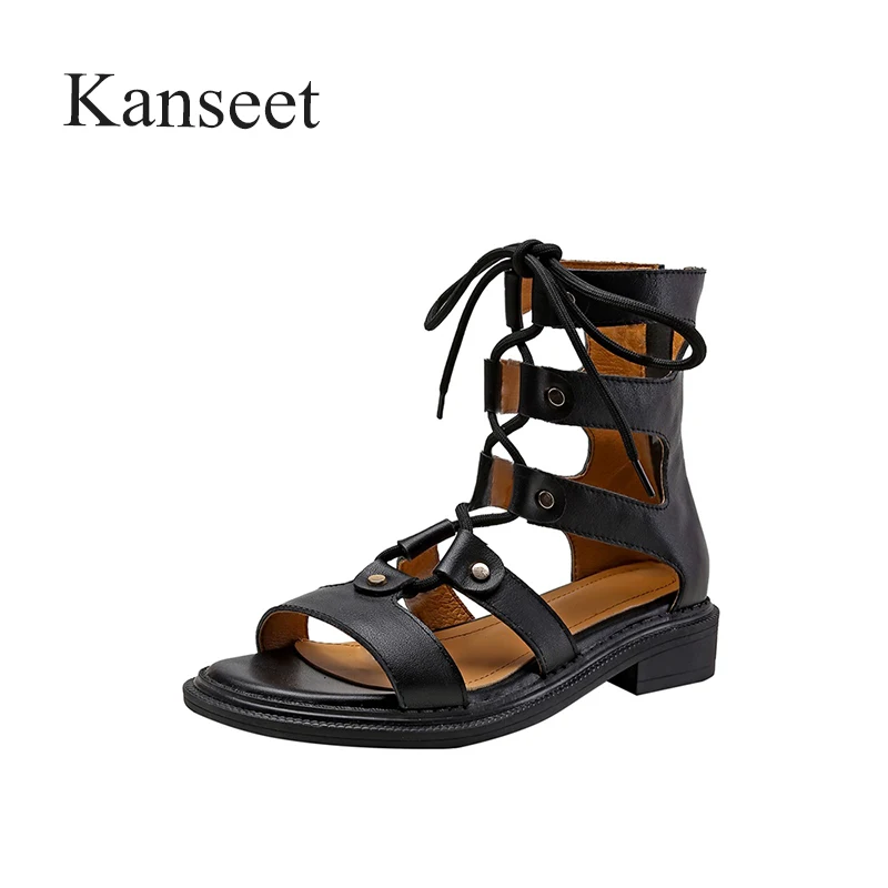 Kanseet Black Genuine Leather Roma Shoes Women Sandals Mid Heels Sandals Rivets Shoes Thick Heels Lady Footwear 2021 Summer